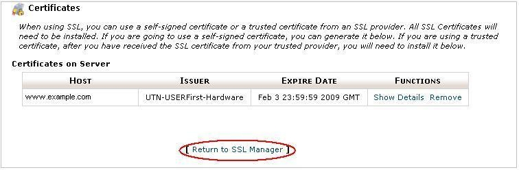 Click Return to SSL Manager