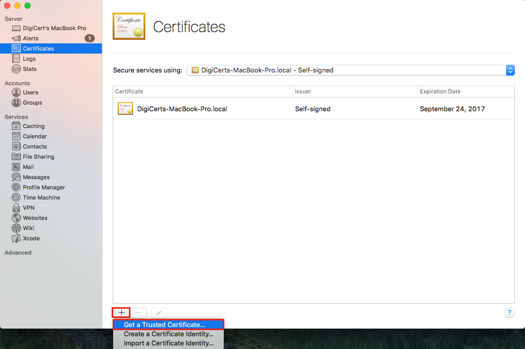 Dropdown menu Certificate options